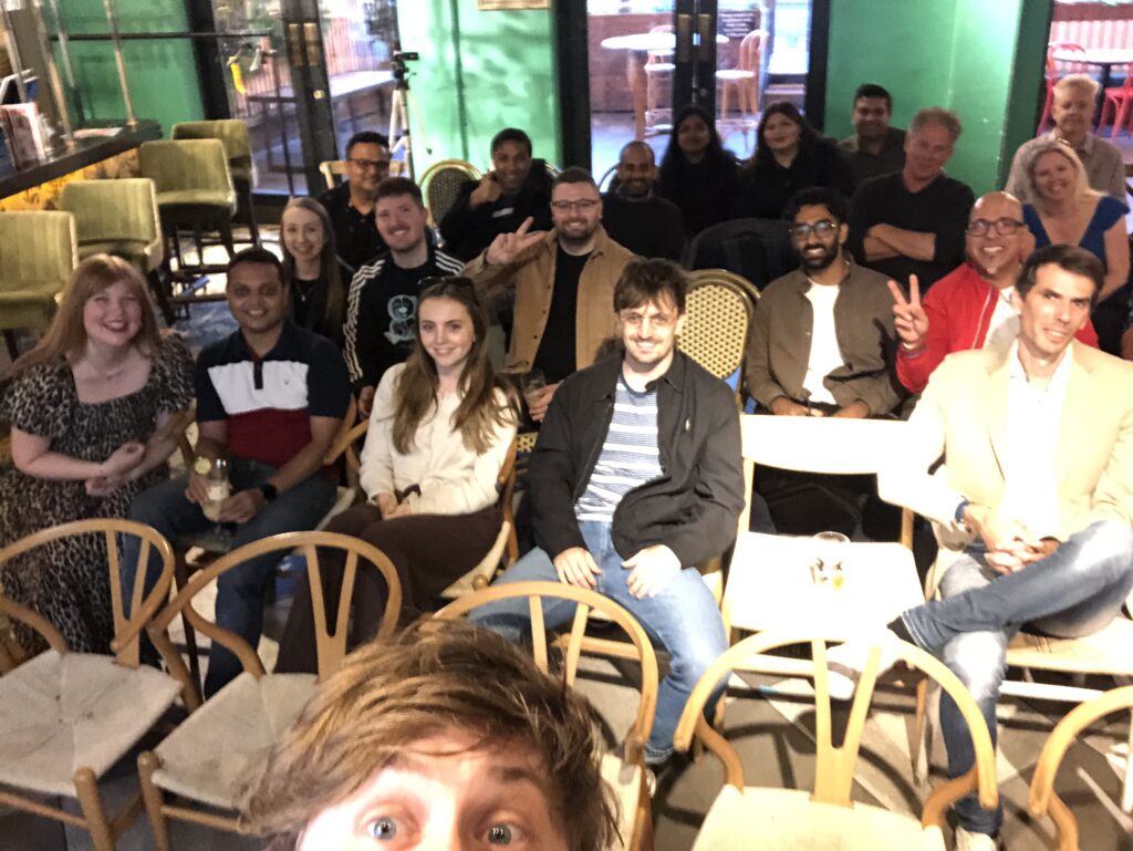 Group of professionals at GiggleBytes free comedy and networking event